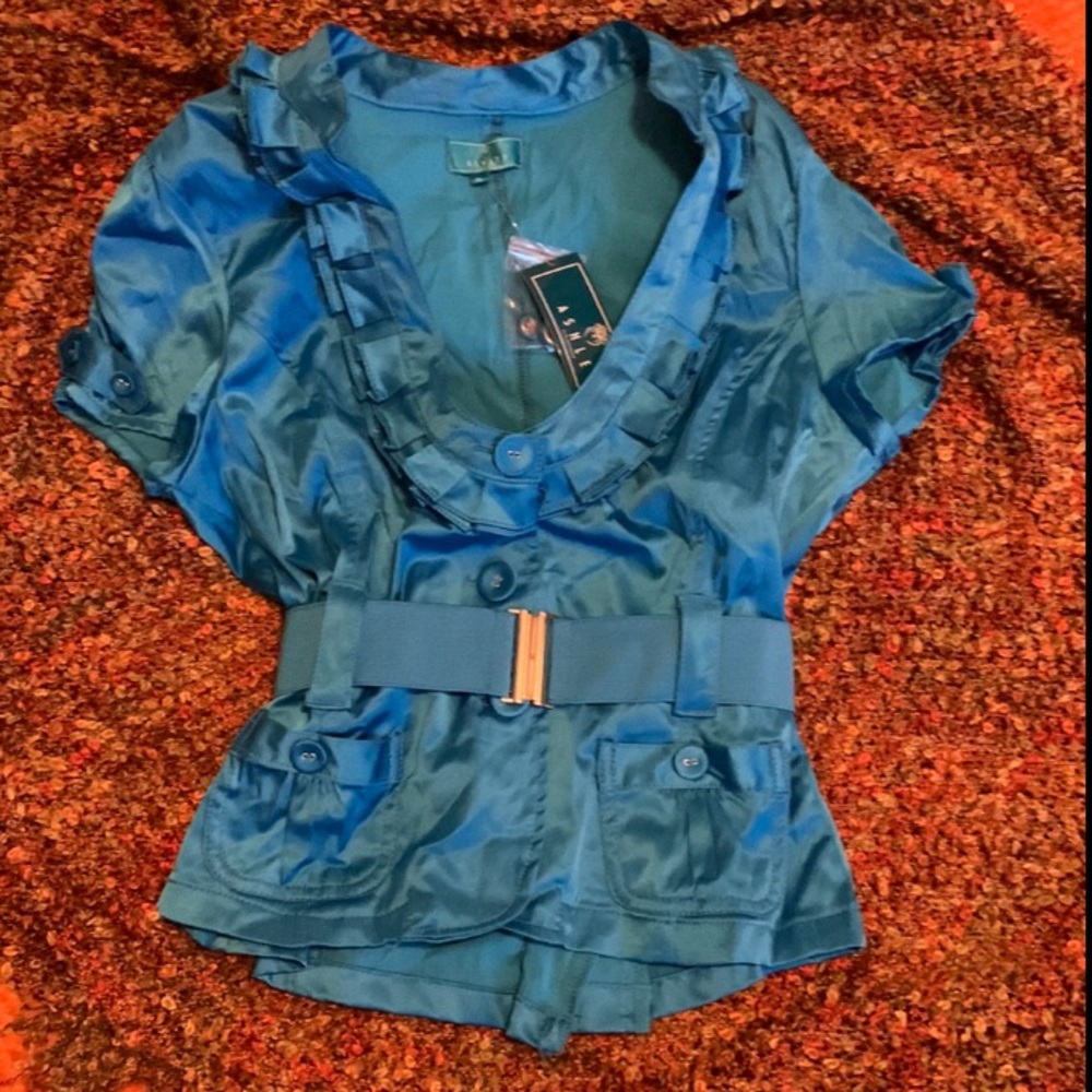 Vibrant Teal or Turquoise    Belted Cap Sleeved Blouse